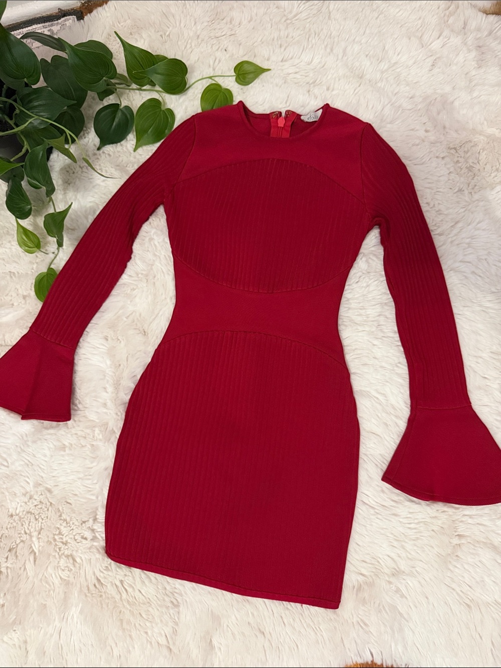 Oh Polly Crimson Ribbed Long Sleeve Flared Cuff Mini Dress
